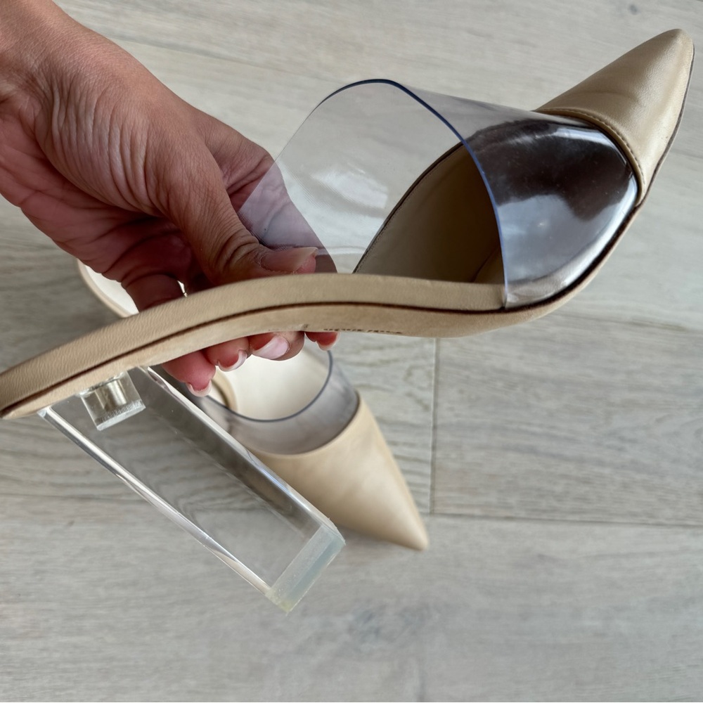 Cult Gaia Neutral Beige Leather PVC Pointed Toe Lucite Heels Mules - Picture 3 of 6